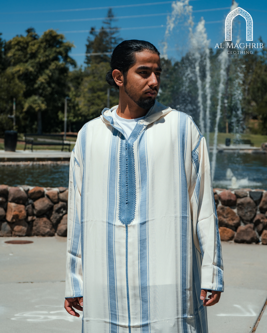 White and Light Blue Striped Djellaba